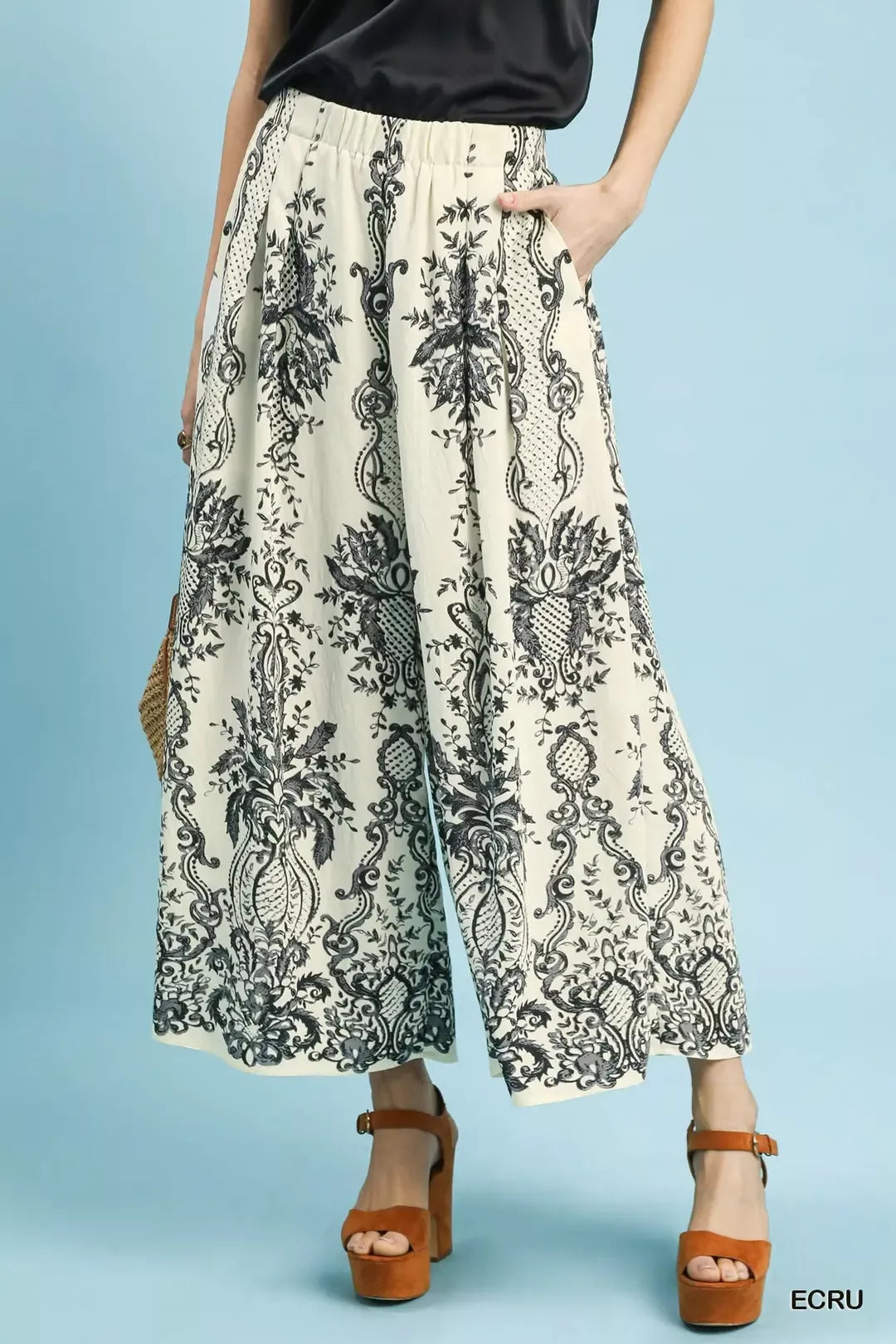 Umgee Border Print Wide Leg Pants ECRU 64004c58-1b25-4e68-ae90-e21d8338bd6e-Max-Origin
