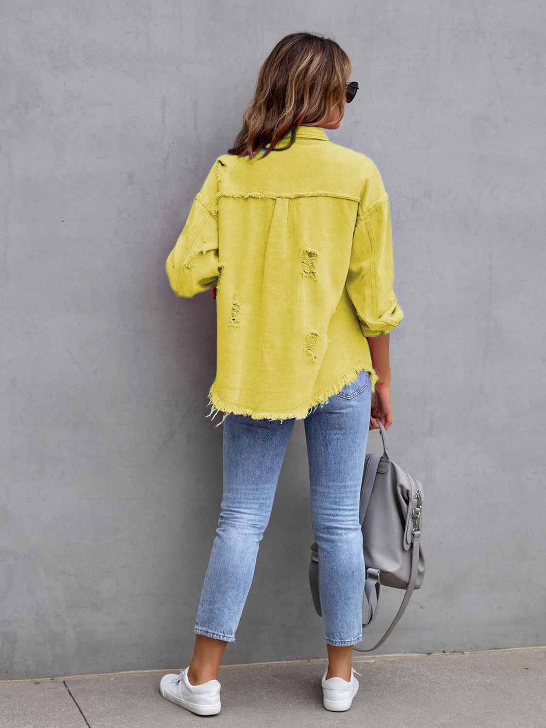 Distressed Drop Shoulder Denim Jacket 640202953bea430fbcdcebf6fdb7699e-Max