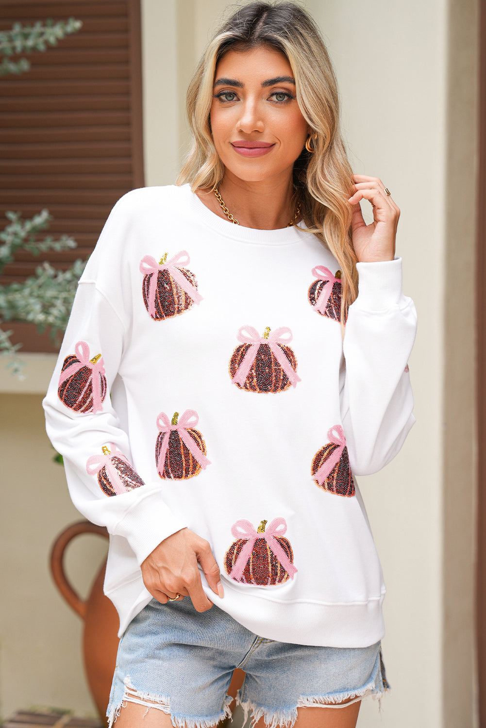 White Sequin Bow Pumpkin Patched Cotton Baggy Sweatshirt White 50%Polyester+50%Cotton 6402aed07c7c28de