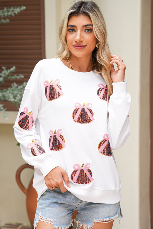 White Sequin Bow Pumpkin Patched Cotton Baggy Sweatshirt White 50%Polyester+50%Cotton 6402aed07c7c28de