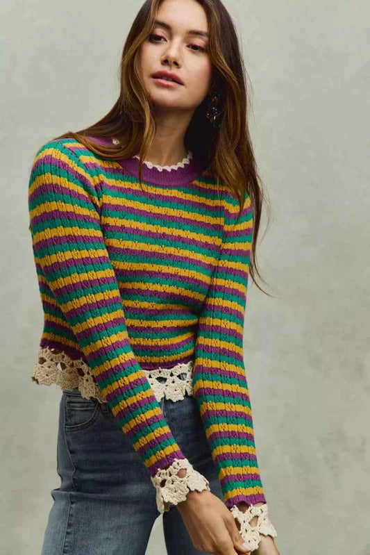 Mardi Gras Striped Cropped Knit Top with Crochet Edge 64030fddcff34a22bbc50c78c056cdf8-Max-Origin