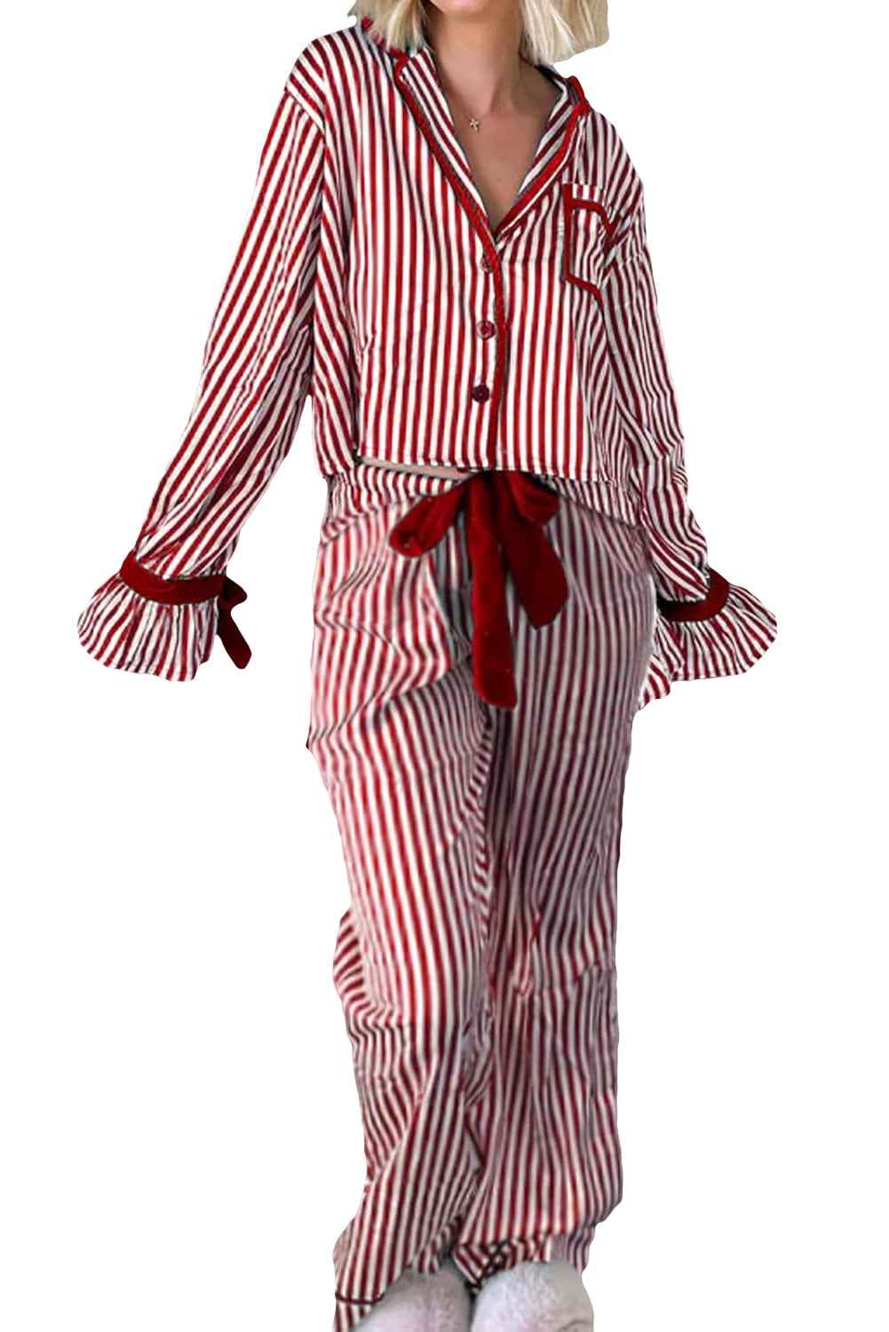 Red Striped Contrast Velvet Trim Knot Waist Pajama Set 64097ca9885beef9