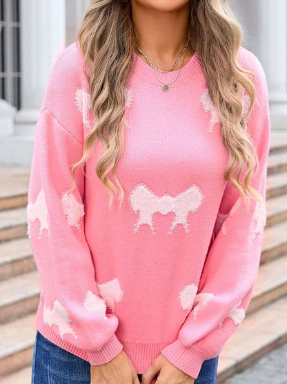 Angel Wings Bow Round Neck Dropped Shoulder Sweater