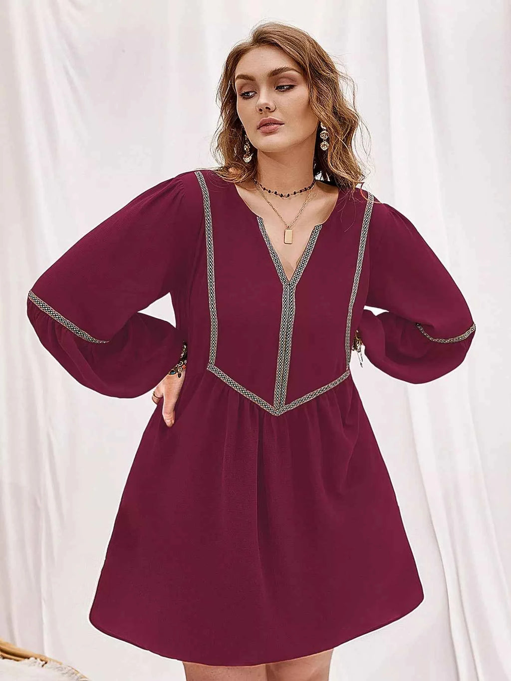 Plus Size Notched Balloon Sleeve Mini Dress 640d10db-0c17-43de-bf1c-338d711135c8-Max-Origin