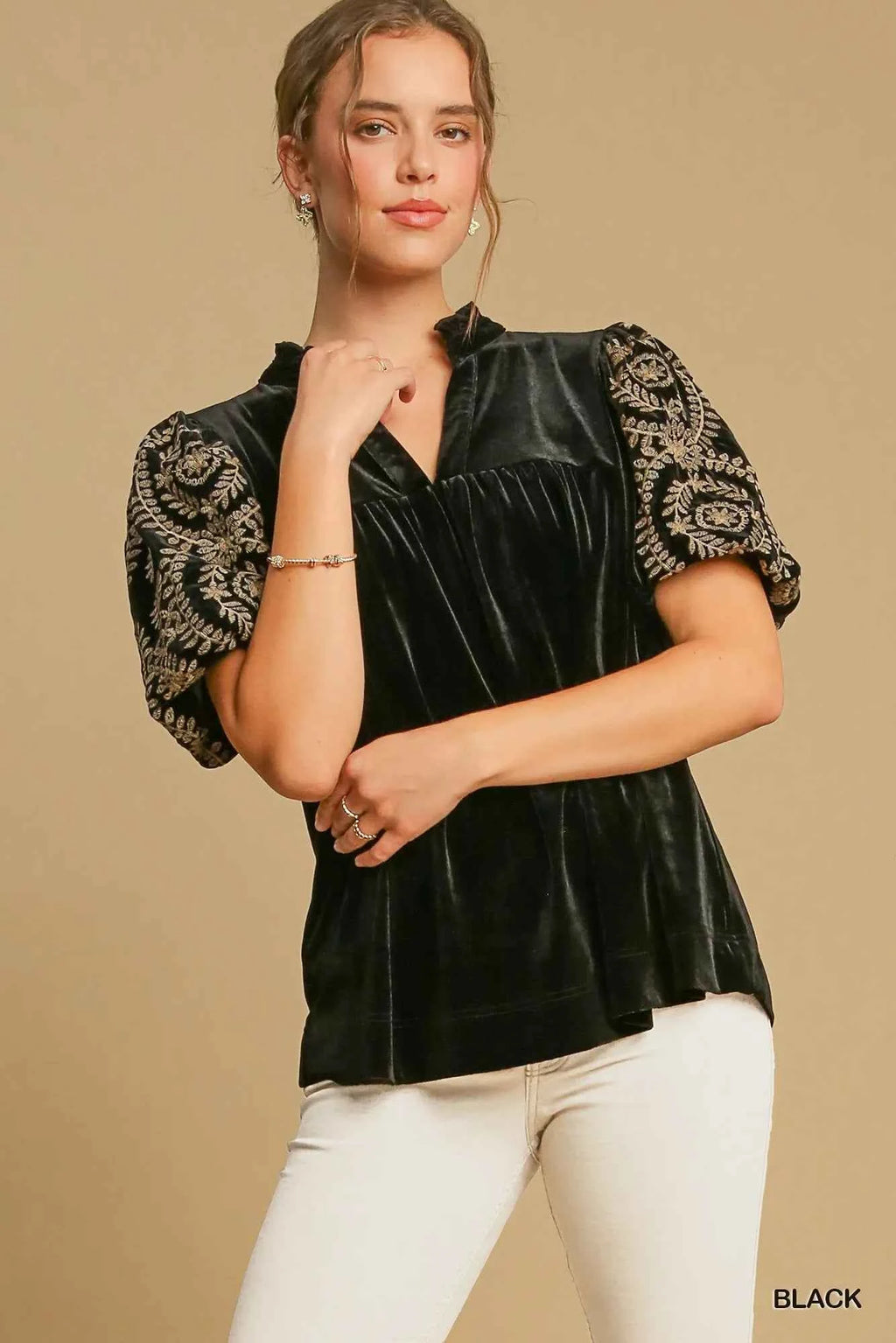 Umgee Full Size Velvet Embroidered Sleeve Blouse Plus Size Black 6416648e-dc4a-48fb-b09d-a44f6e93df52-Max-Origin