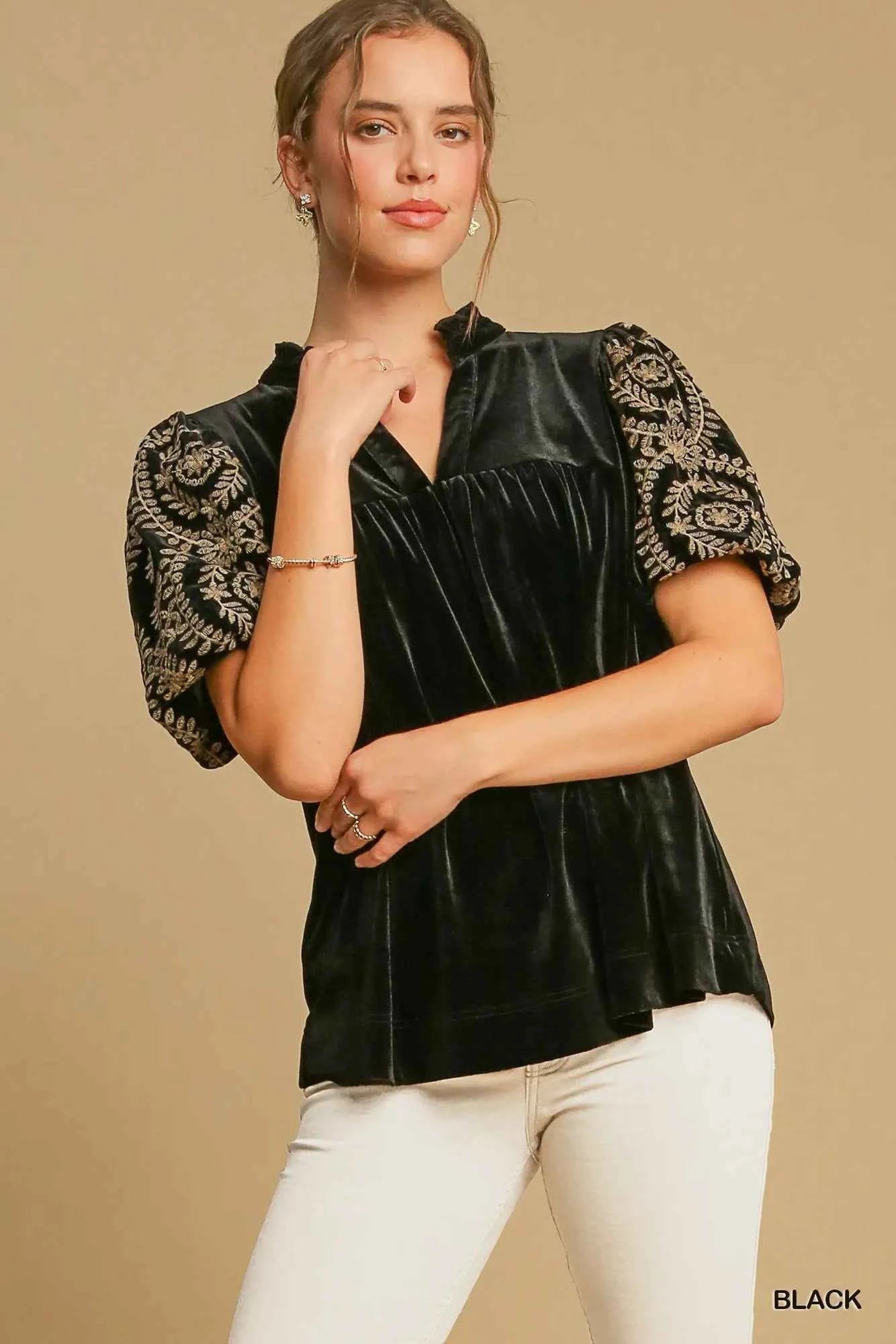 Umgee Full Size Velvet Embroidered Sleeve Blouse Plus Size Black 6416648e-dc4a-48fb-b09d-a44f6e93df52-Max-Origin