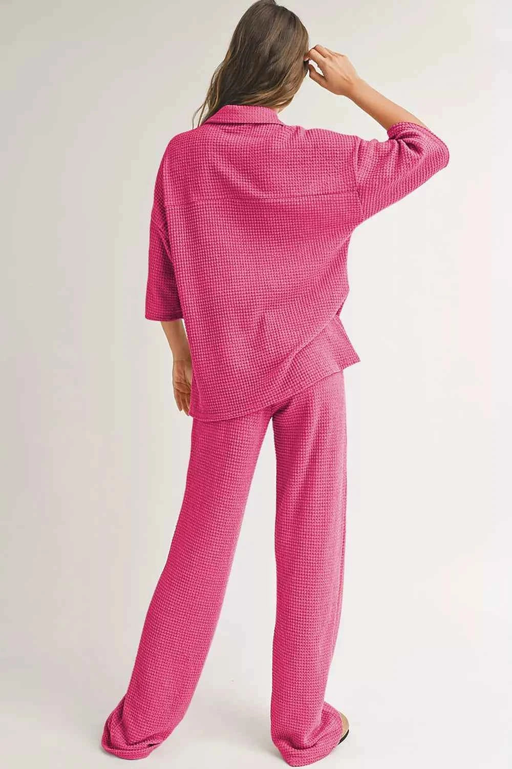 Solid Color Textured Buttoned Shirt and Casual Pants Set 6416f8dd-0b19-4ffb-8a71-57f5808d51b4-Max-Origin