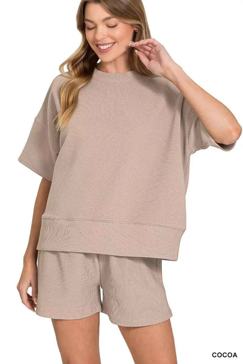 Zenana Ribbed Round Neck Waist Banded Tee & Shorts Set COCOA 64179c6ff46f41568f538cc378a1b21e-Max-Origin