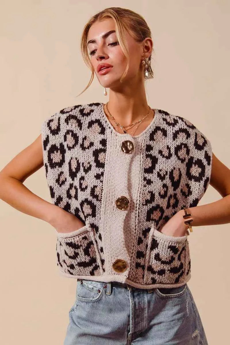 SO ME Big Metal Button Front Leopard Sweater Vest Top 6418347fde5f424292424b149c91aabf-Max-Origin
