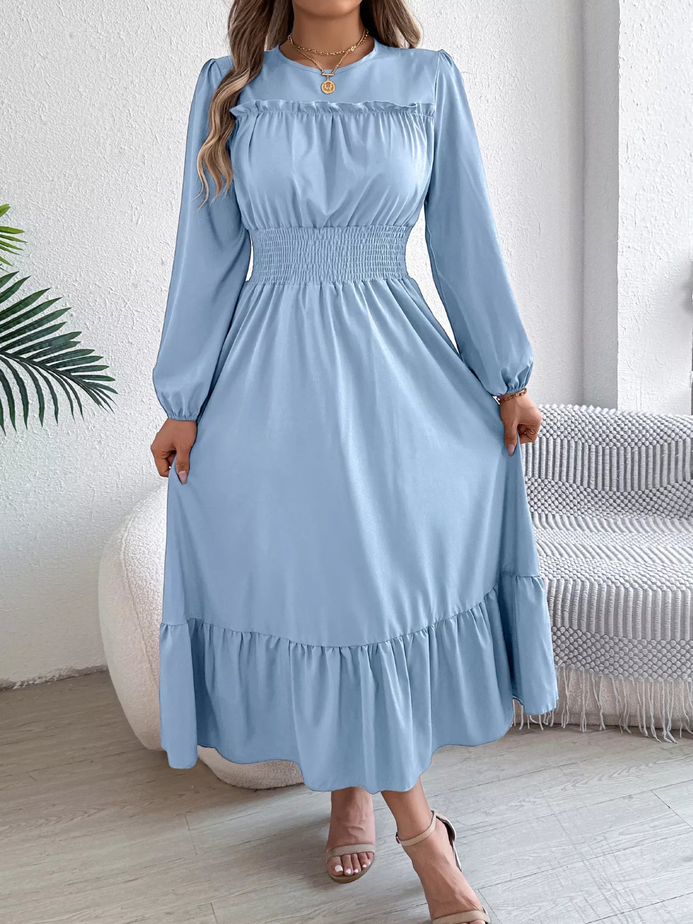 Round Neck Balloon Sleeve Tiered Dress 641835a41ca54b09be3abb38dad3971e-Max-Origin