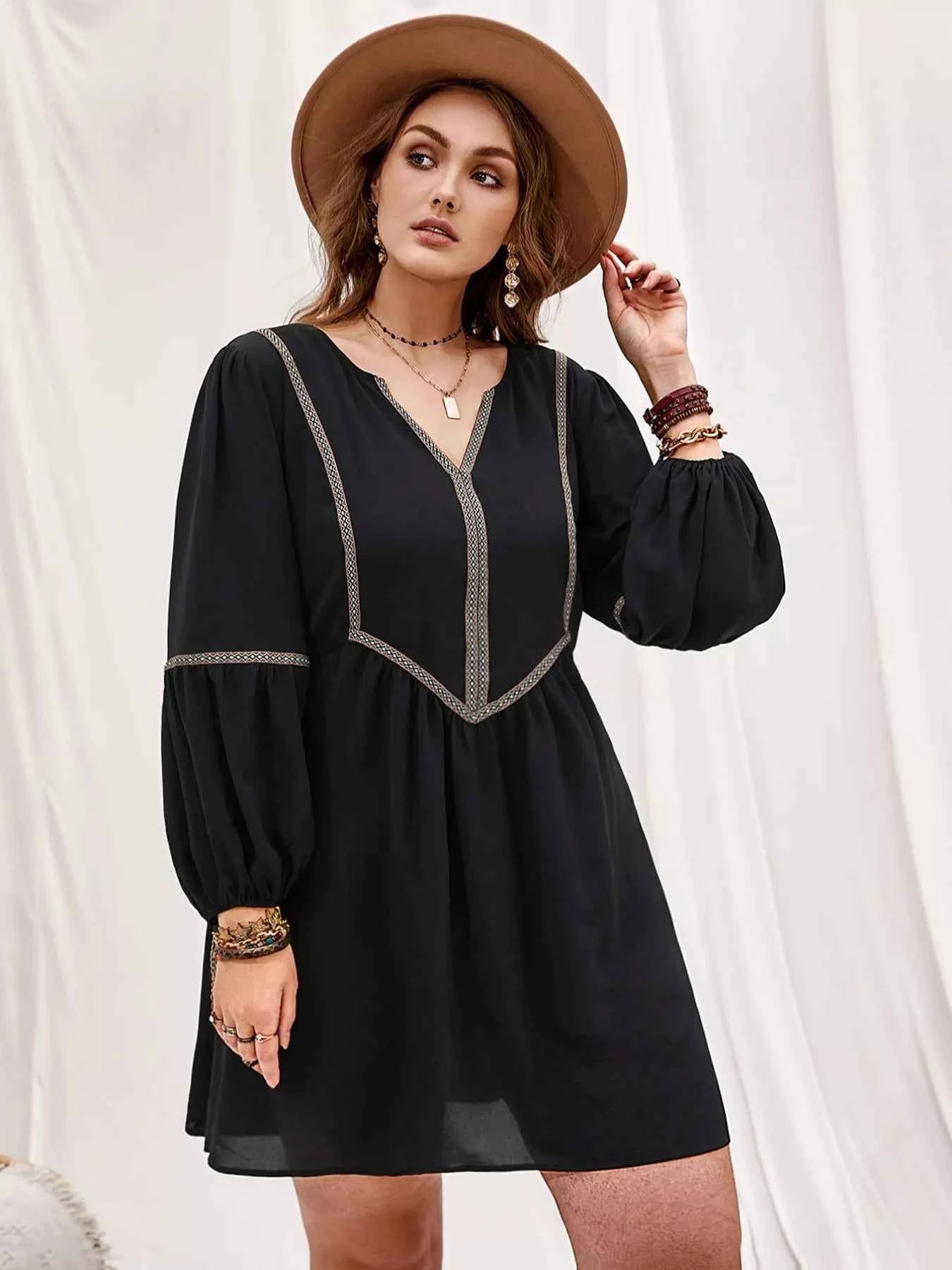 Plus Size Notched Balloon Sleeve Mini Dress Black 641dbdad-d025-4496-911a-14d0da60caf6-Max-Origin