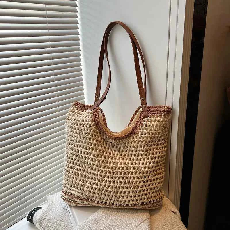 Crochet Tote Bag with Leather Handles Khaki onesize 64200fb78dd04d2a86b19ffdf67c5af8-Max-Origin