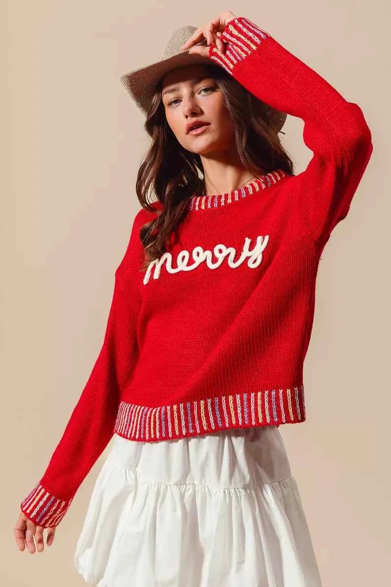 SO ME Merry Lettering Embroidered Christmas Sweater 642013b4784c4c3c9585a287563b0564-Max-Origin