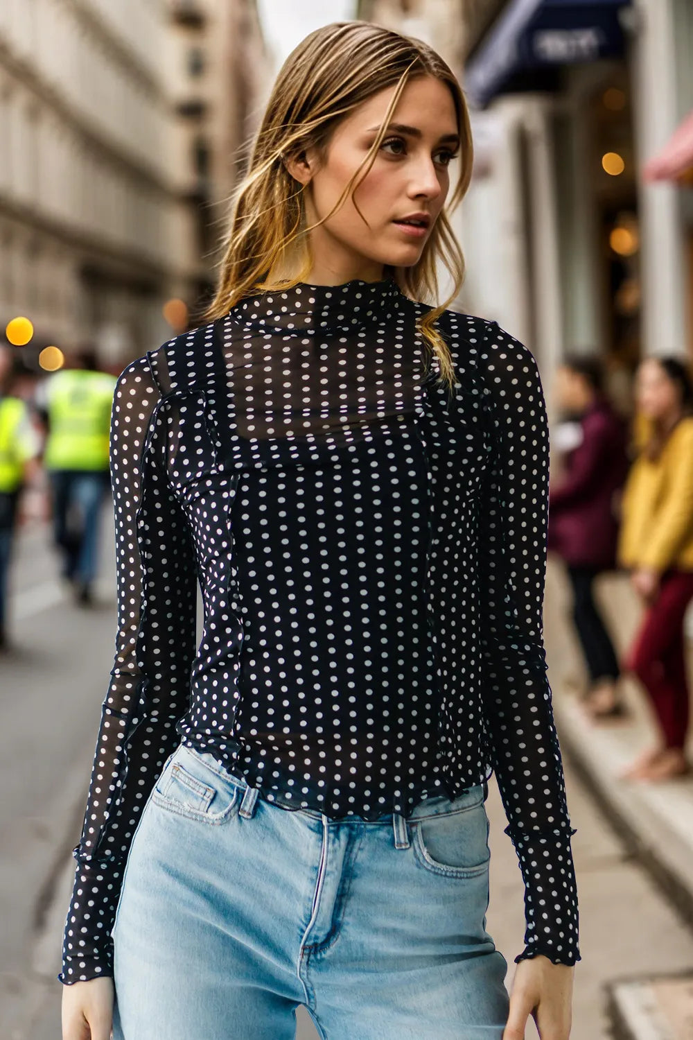 Oh Full Size Frill Printed Mock Neck Long Sleeve Top Dot 6420a423-f637-4a83-9872-31e12f976d82-Max