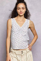 POL Ruched Floral V-Neck Tank with Lace Detail PURE WATER 64219d06-837e-4503-9235-e749519a511d-Max-Origin