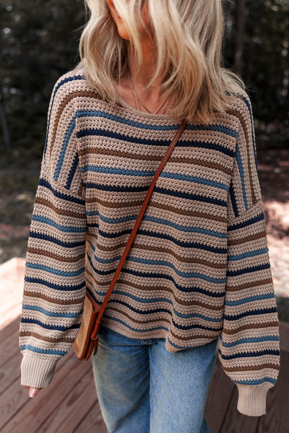 Multicolour Striped Knitted Drop Shoulder Crew Neck Sweater 642447d0b730d574