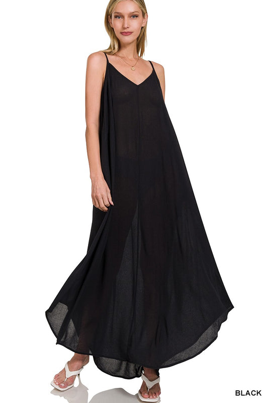 Zenana Woven Crinkle Cami Maxi Dress with Side Pockets BLACK 6426901f3e734880a5ed0d03e2ea45ba-Max