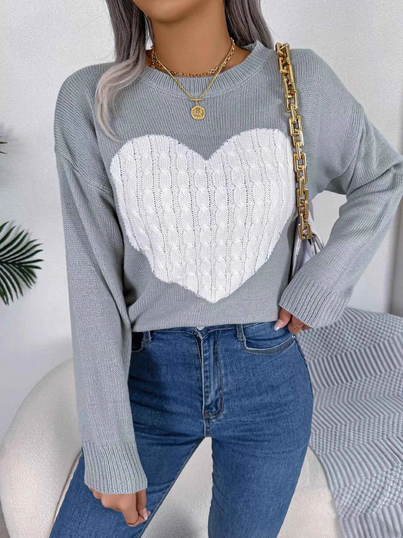 Cable Knit Heart Round Neck Sweater Gray 64269de523a84930b5df4da9e59c09dc-Max-Origin
