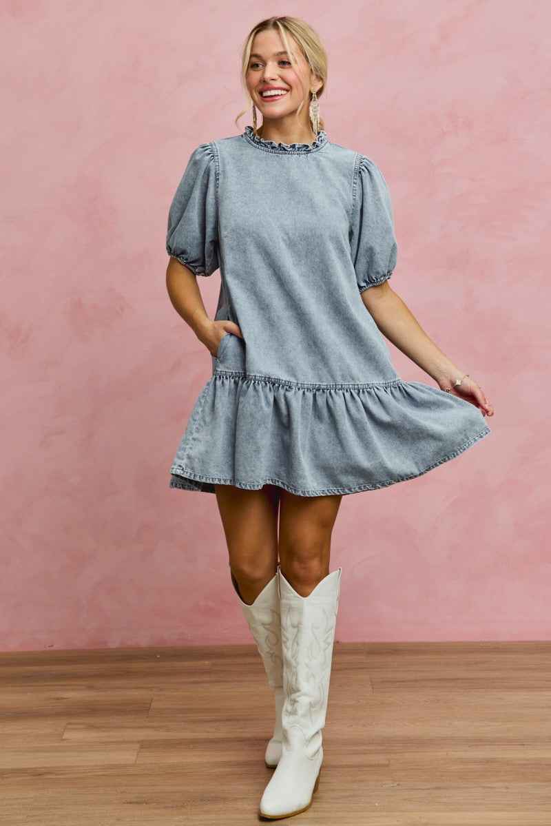SO ME Denim Short Sleeves Mini Tiered Dress 642d7fbbeab64082871bc8d51a83f605-Max