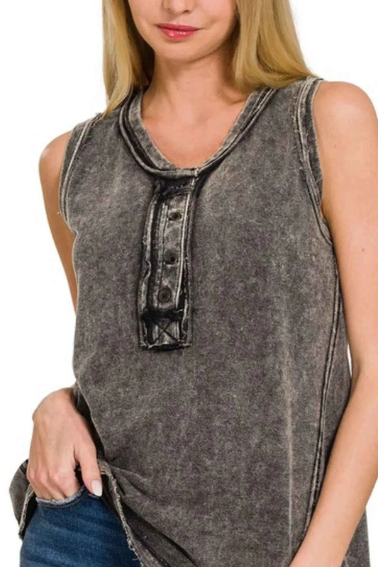 Washed Half-Button Raw Edge Sleeveless Henley Top 642eaeb8-15bc-4ddc-81fc-5260caba7acf-Max-Origin