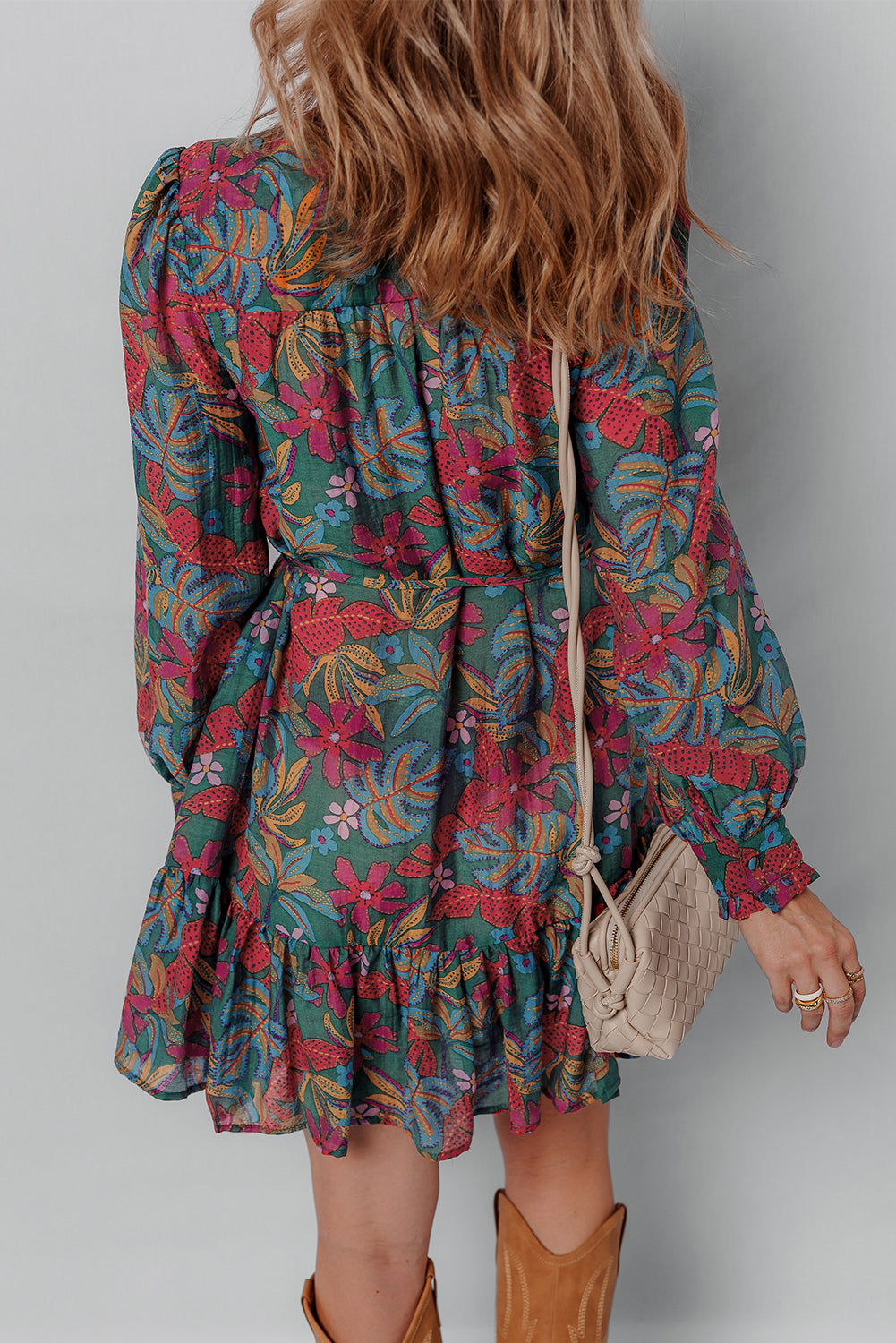 Green Floral Frill V Neck Puff Sleeve Ruffle Mini Dress 642ec8e08628871c