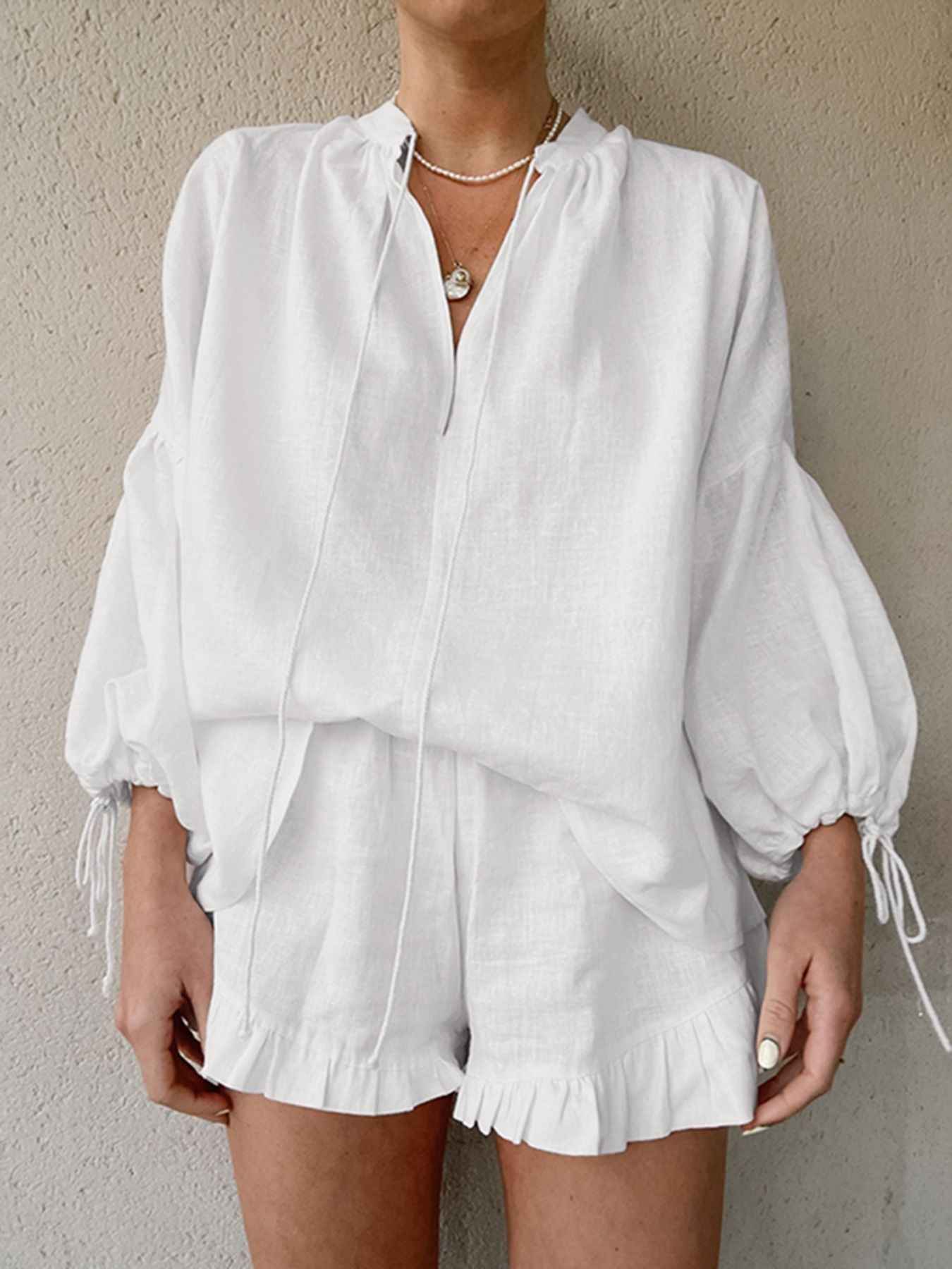 Tie Neck Balloon Sleeve Blouse and Shorts Set 642f6eaa-13fe-486d-b144-bb88a2eec51f-Max