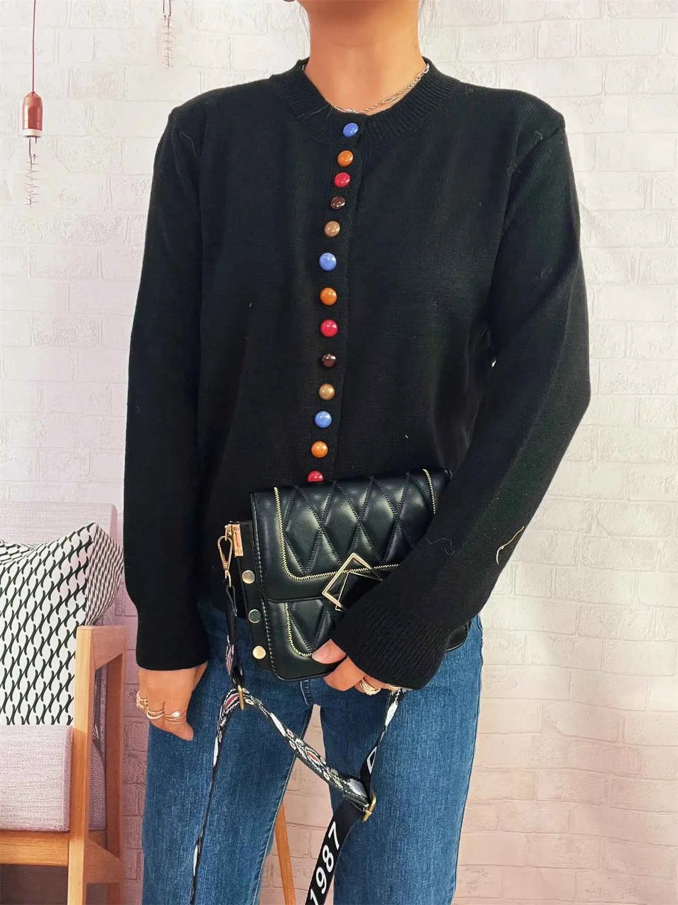 Button Up Long Sleeve Cardigan Black One Size 6431a956845b45d1ada2b8c0464c0abb-Max-Origin