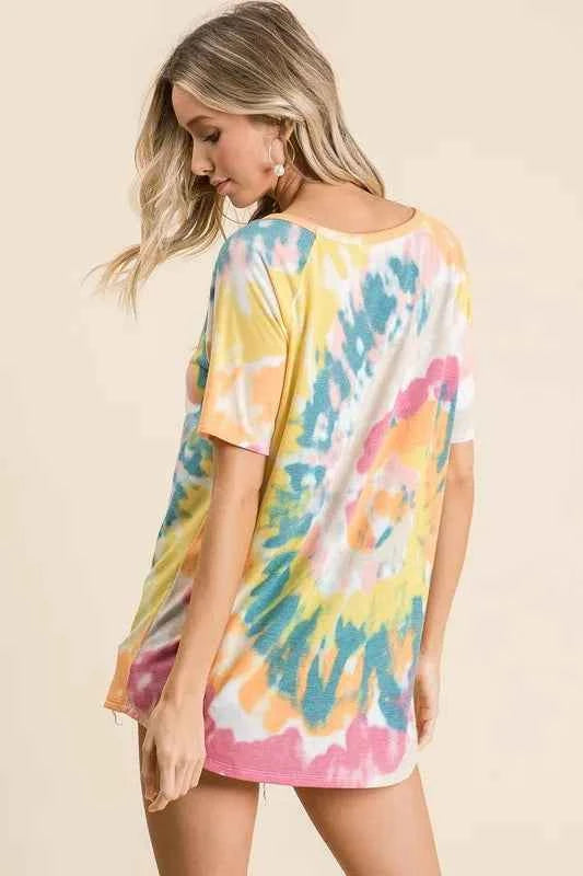 BiBi Tie Dye Print Short Sleeve T-Shirt with Raglan Sleeves 643328c167294ea99aa463307fd2d287-Max-Origin