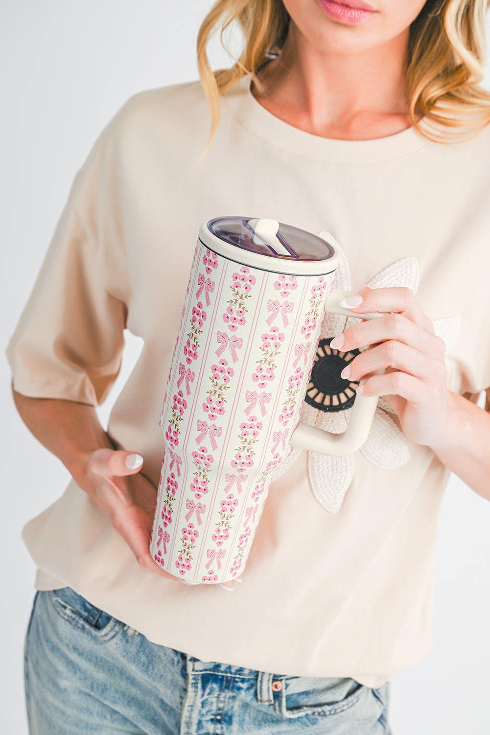 White Bow and Flower Striped 40oz Tumbler Cup 6434f81ba4151e18