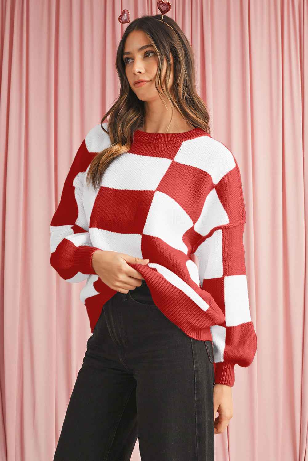 Fiery Red Plaid Bishop Sleeve Pullover Sweater 6447a81ab84c07ca