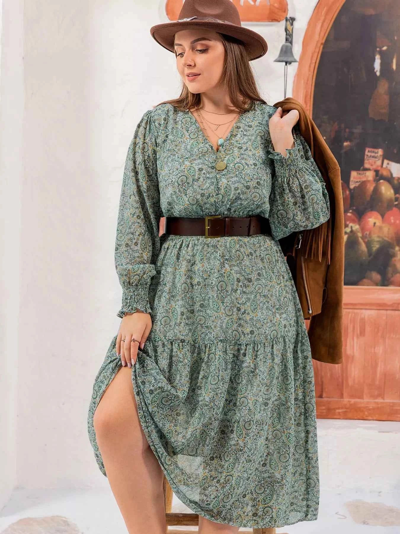 Plus Size Printed V-Neck Long Sleeve Midi Dress 644d2a7a-8458-4d5a-a40a-d09798b9e3d3-Max-Origin