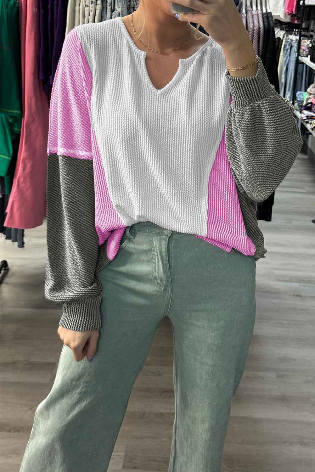 White Spiral Ribbed Raw Seam Color Block Patchwork Long Sleeve Top 644f349c8837e9d4