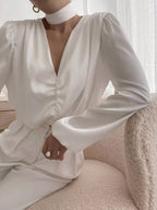 V-Neck Ruched Long Sleeve Blouse White 64527988-54b4-4d69-b859-d6b3b4dd4912-Max-Origin