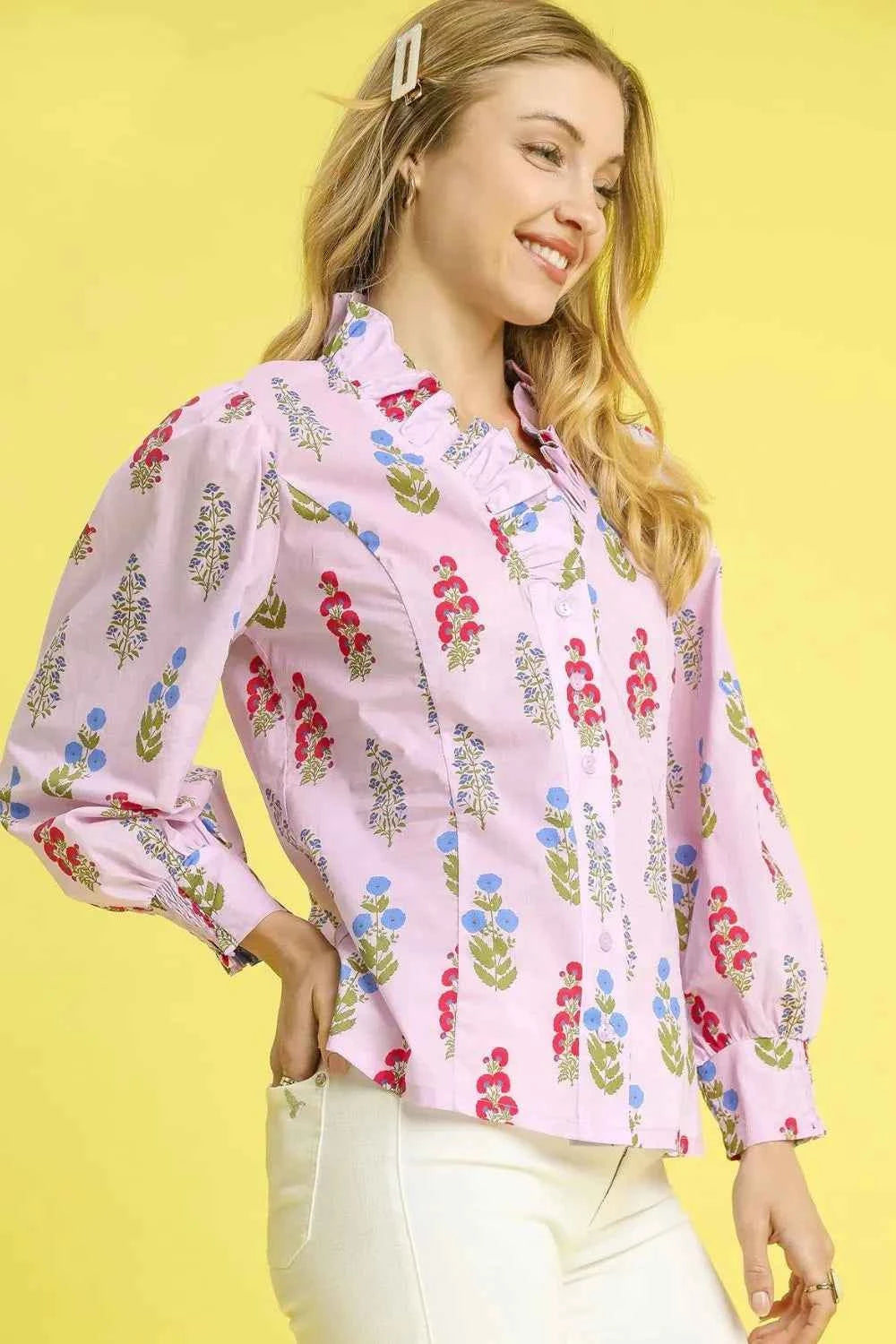 Umgee Floral Print Lantern Sleeve Button Down Shirt 64645c98-9089-48c2-a0bb-6dfa5642897a-Max-Origin