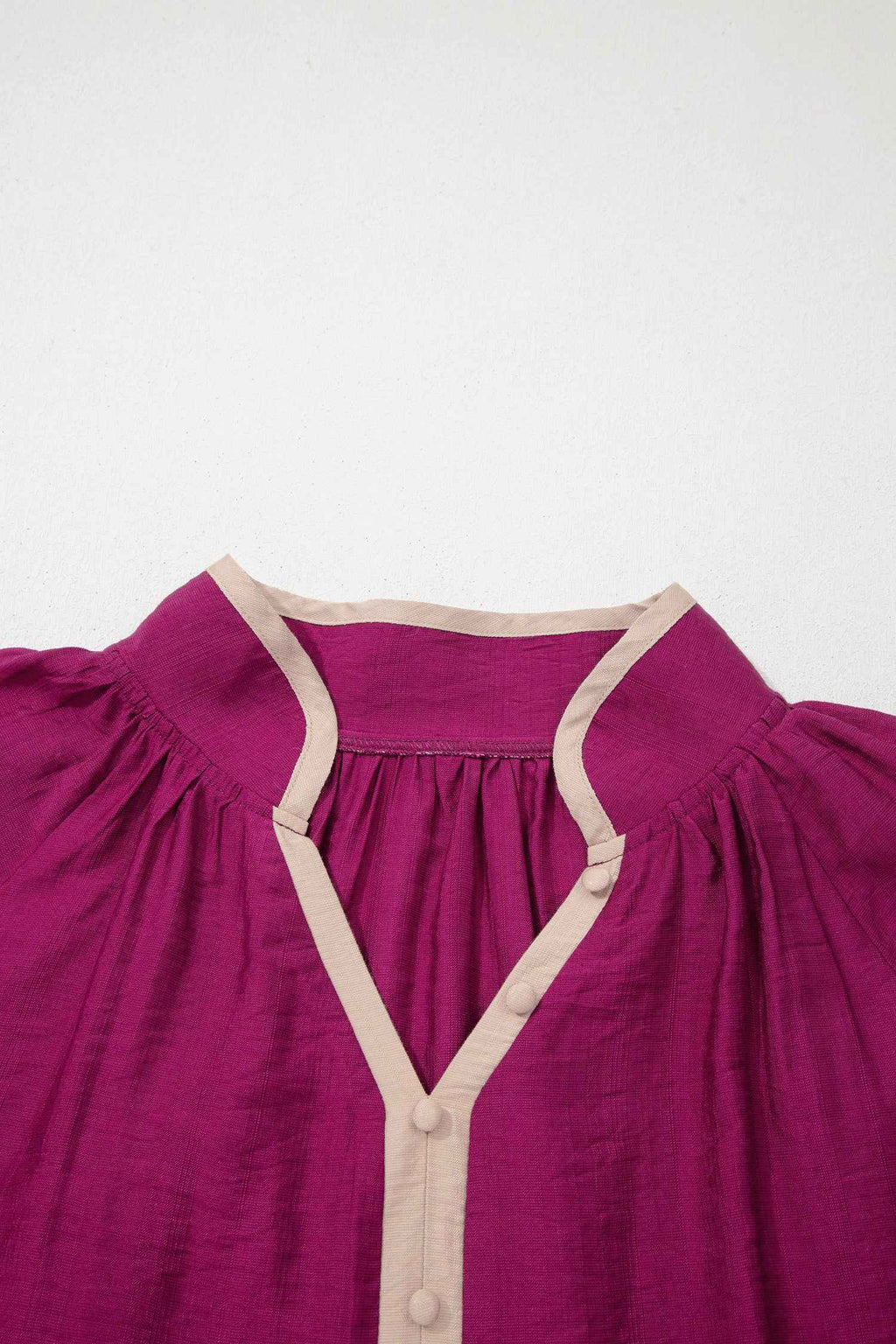 Wild Ginger Plus Size Contrast Trim Button V Neck Puffy Bracelet Sleeve Blouse 646a47cd2b721acd