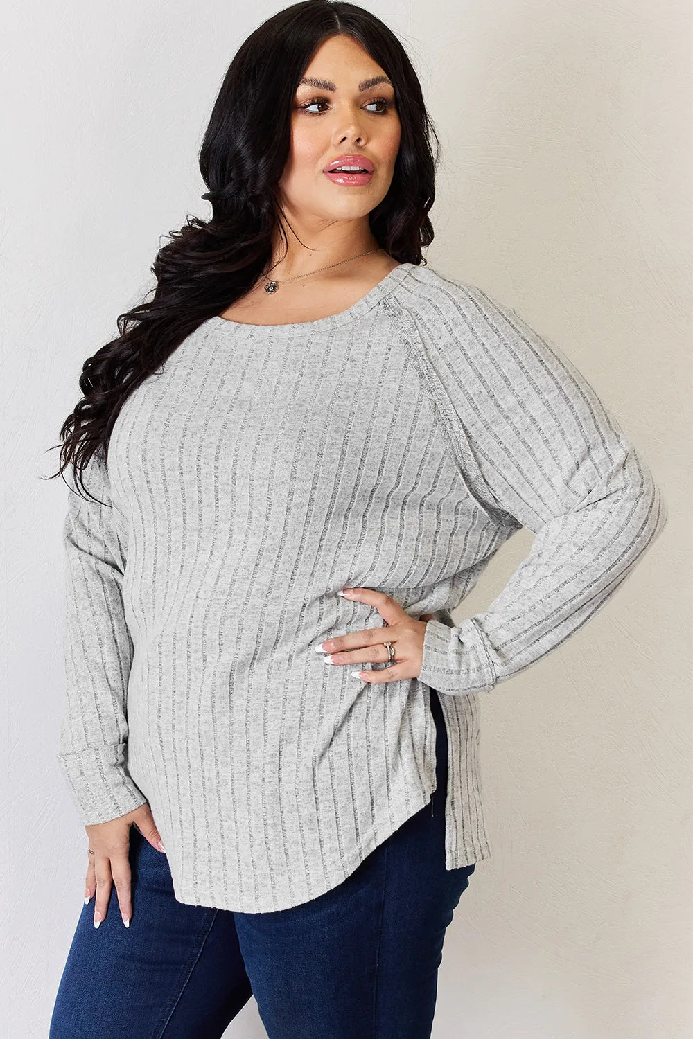 Basic Bae Full Size Ribbed Round Neck Slit T-Shirt 646b8bf5-ab9b-4c6c-adc8-0a0f3a88a0ae-Max
