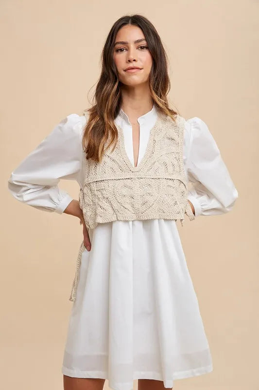Annie Wear Crochet Vest Notched Long Sleeve Shirt Dress White 646bfc90-3da8-4b7e-85aa-5cfc6e2c0548-Max