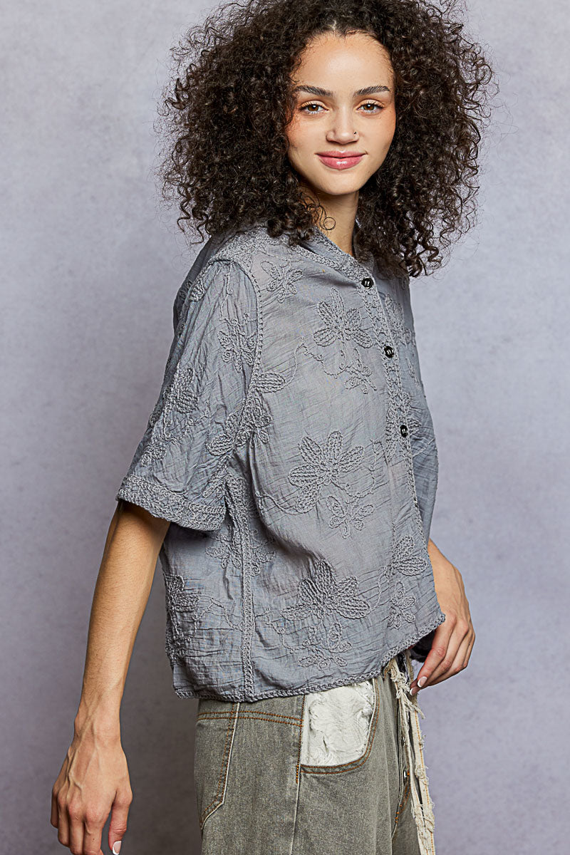 POL Button Front Floral Stitching Breathable Hooded Shirt 646fc13c-9b6f-4a5d-aeb1-844160882f0e-Max