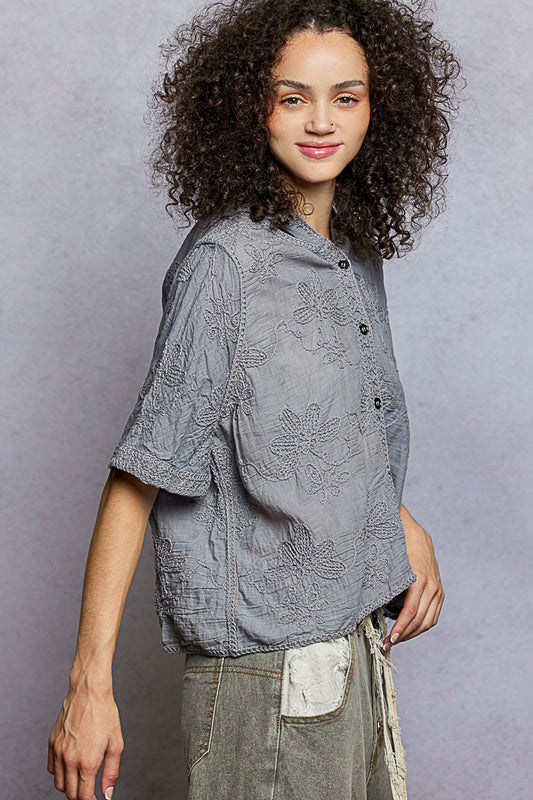 Button Front Floral Stitching Breathable Hooded Shirt 646fc13c-9b6f-4a5d-aeb1-844160882f0e-Max