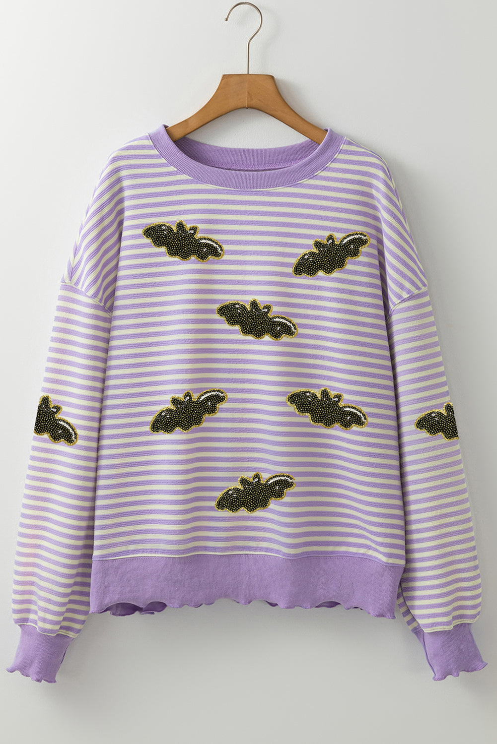 Purple Stripe Sequin Halloween Bat Patched Drop Shoulder Long Sleeve Top 6471e94b373abe0a