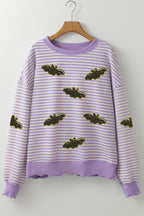Purple Stripe Sequin Halloween Bat Patched Drop Shoulder Long Sleeve Top 6471e94b373abe0a