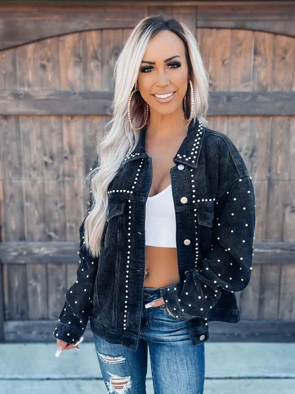 Studded Collared Neck Button Down Jacket 647837570a51491a8232c6aa5d50c520-Max