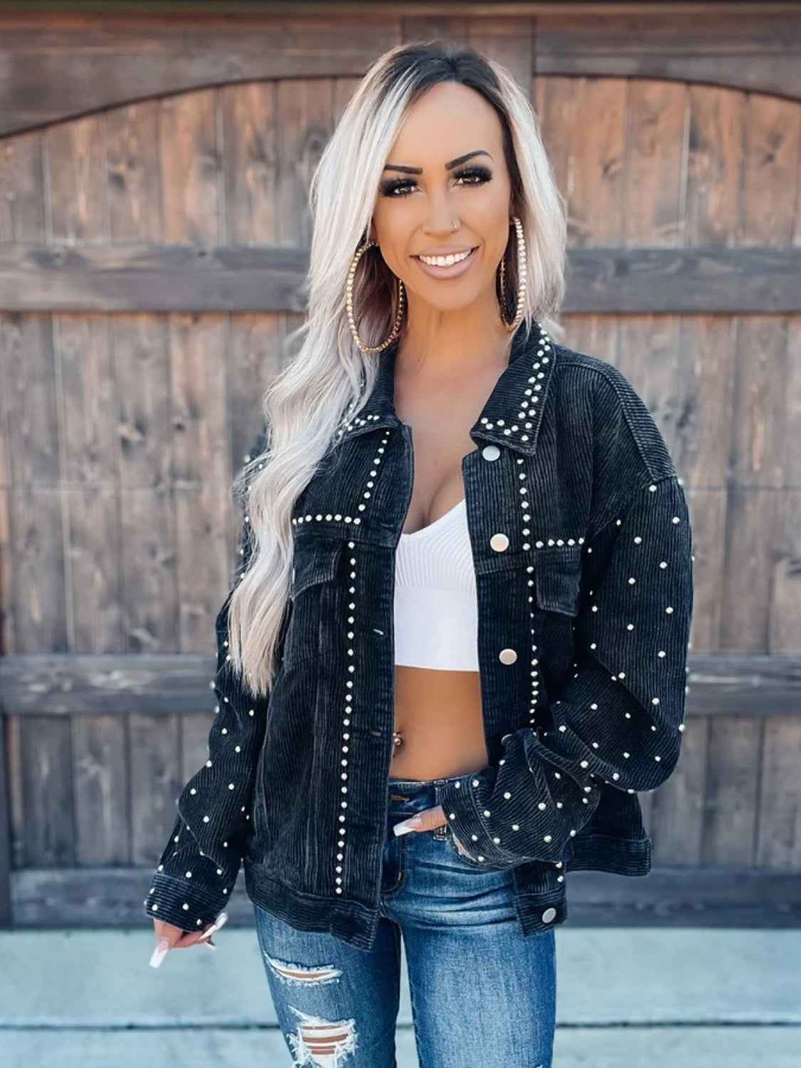 Studded Collared Neck Button Down Jacket 647837570a51491a8232c6aa5d50c520-Max