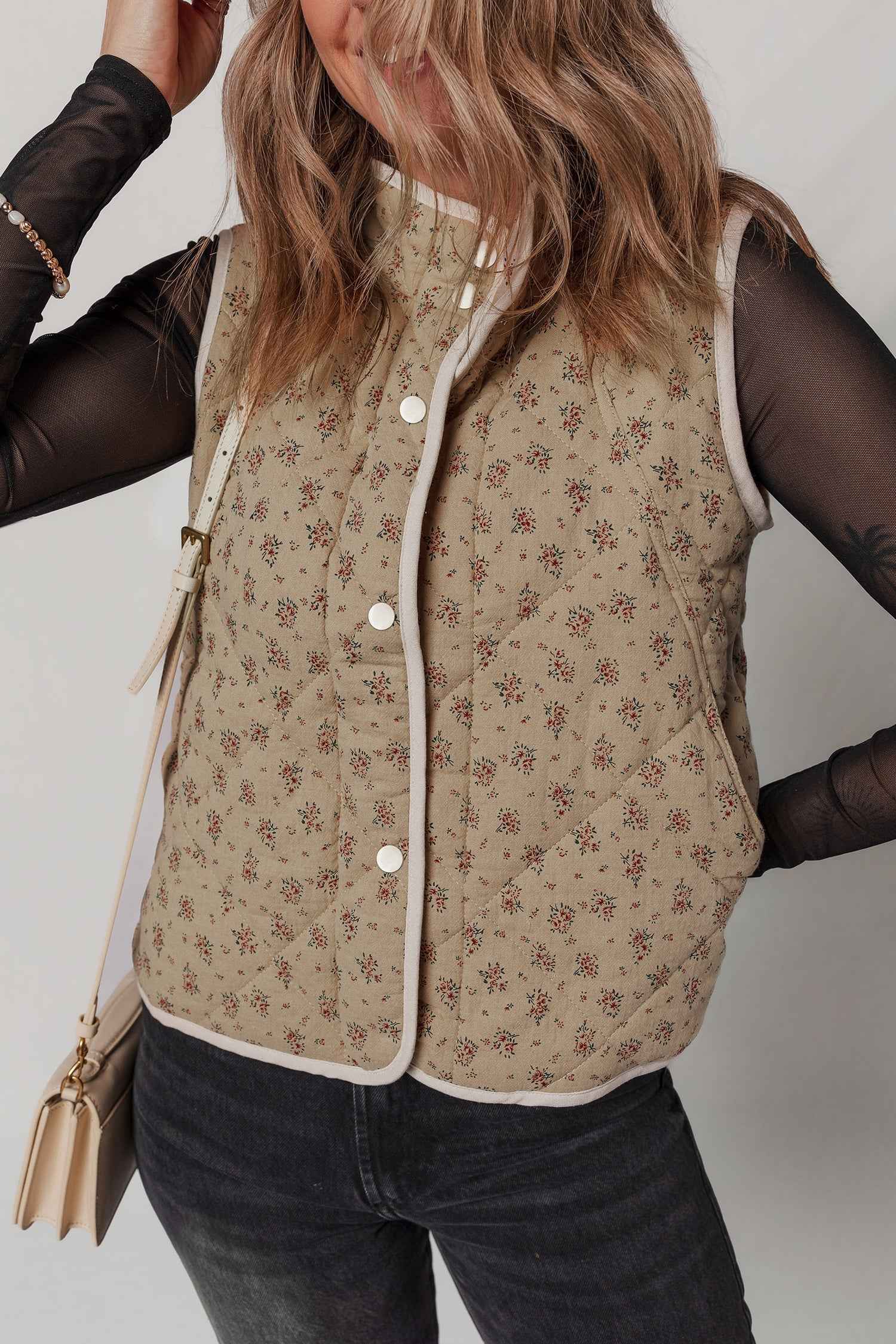 Khaki Floral Print Quilted Concealed Button Vest Khaki Shell:100%Cotton+Lining:100%Polyester+Filling:100%Polyester 6480814d96525a26