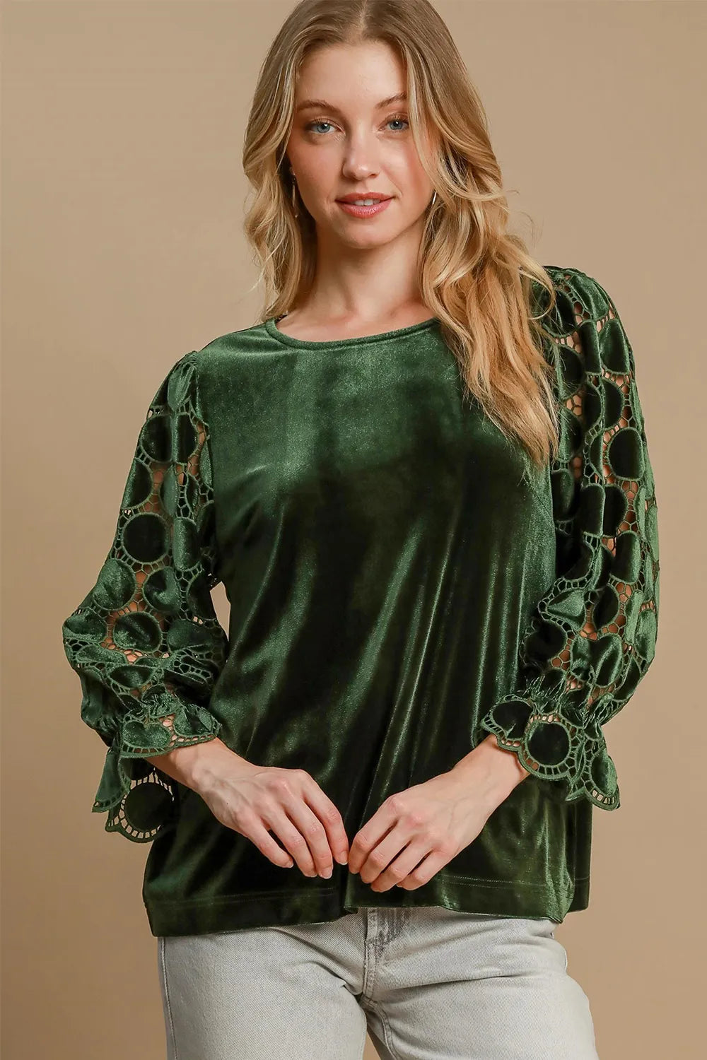 Umgee Polka Dot Lace Long Sleeve Round Neck Blouse Olive 64809229-c339-4fc4-8f4f-7d996c306690-Max
