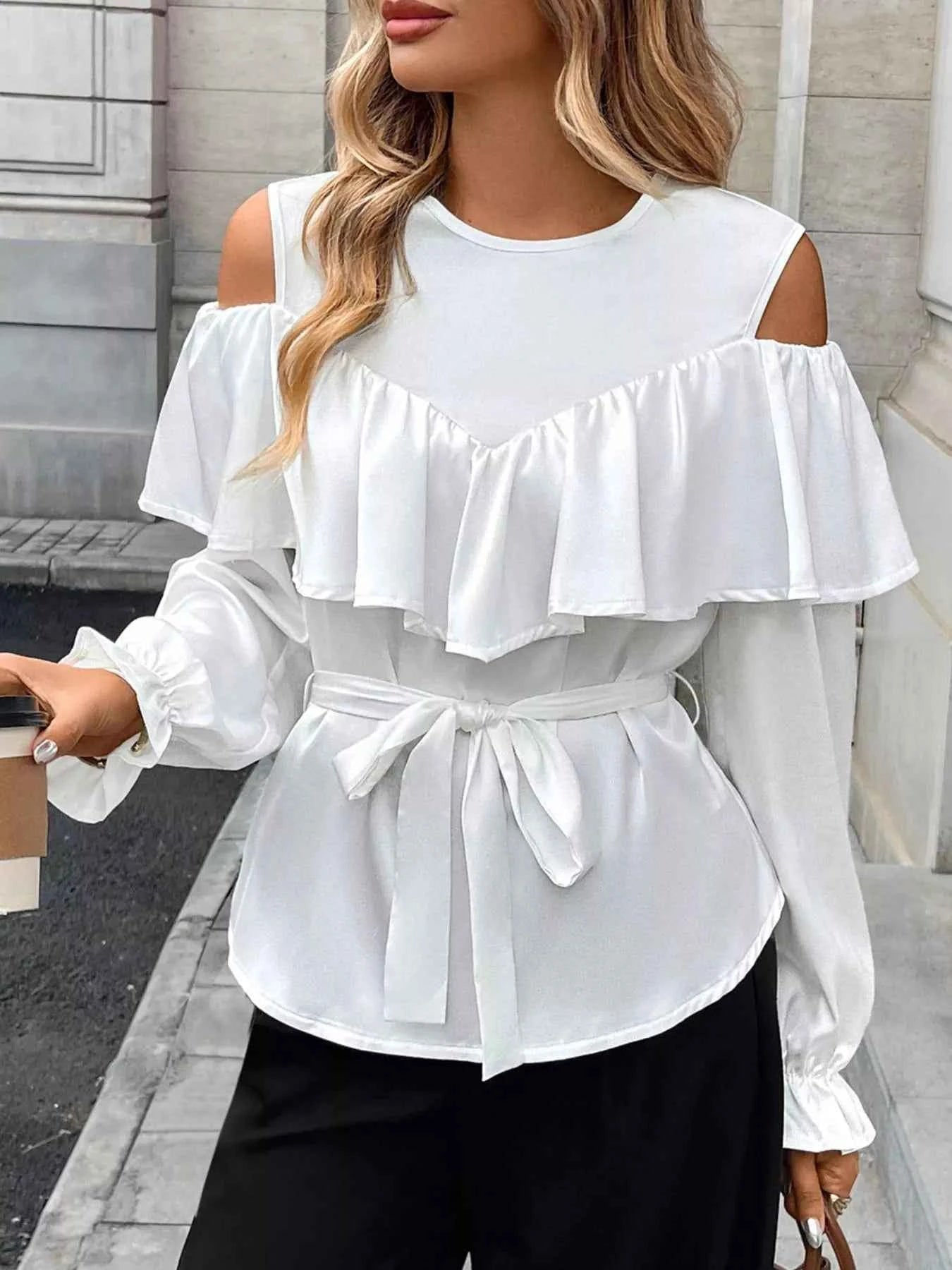 Ruffled Cold Shoulder Flounce Sleeve Blouse 6480a605-a26b-4162-b4e2-d06adfaf20fa-Max-Origin
