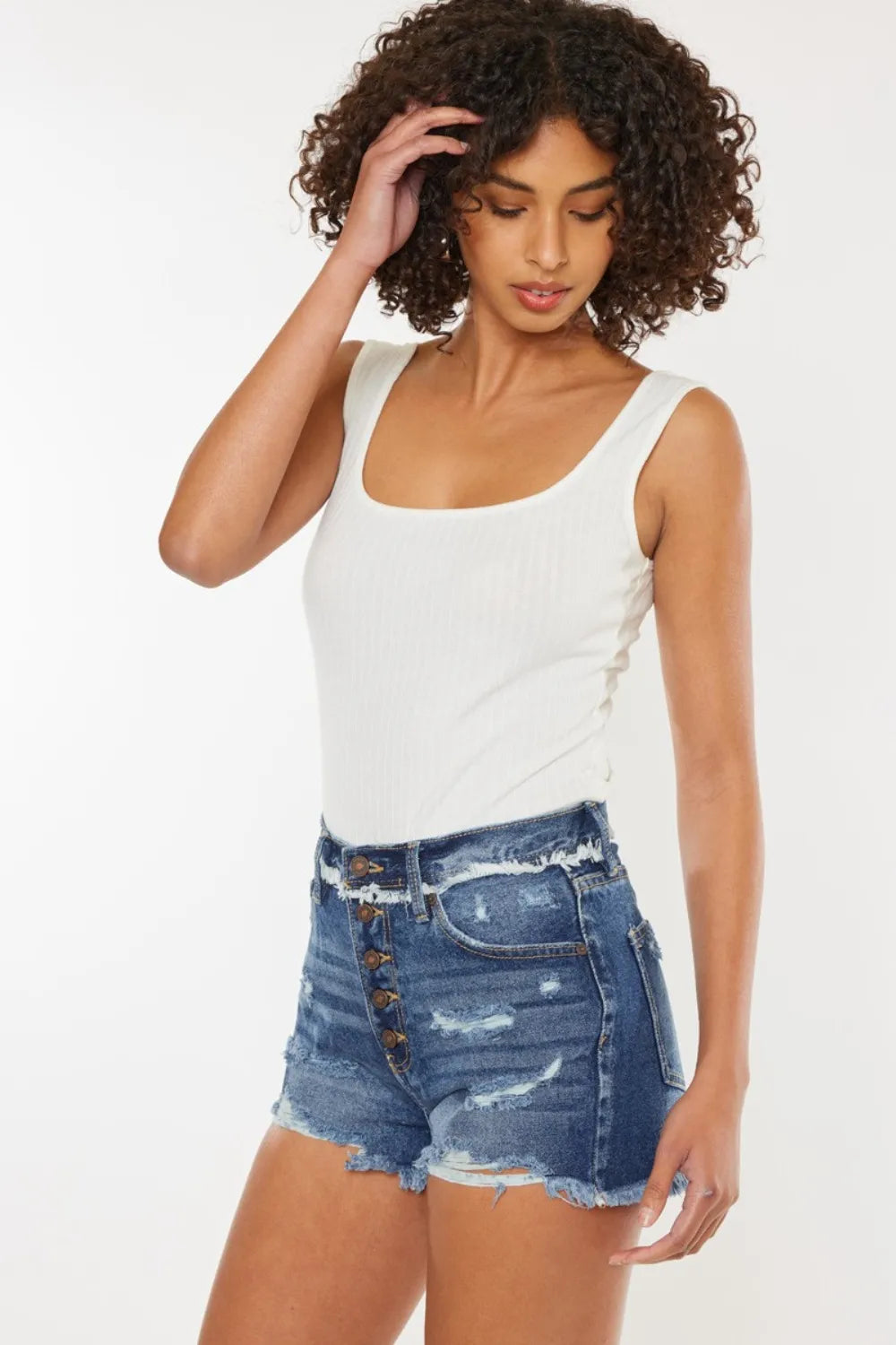 Kancan Distressed Button Fly Denim Shorts 64861dd8-a26f-456f-8c87-18dc6c1db5fc-Max