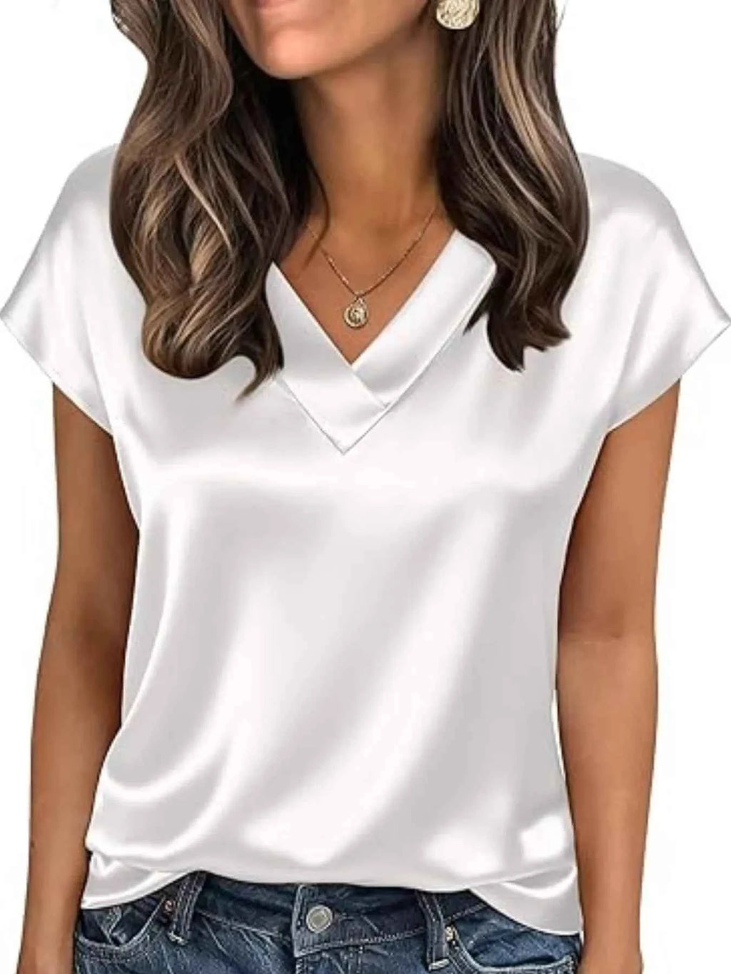 Satin V-Neck Short Sleeve Blouse White 64876ec2-6d71-41e0-acd2-6cae35fc6447-Max-Origin