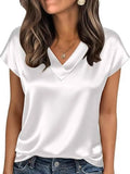 Satin V-Neck Short Sleeve Blouse White 64876ec2-6d71-41e0-acd2-6cae35fc6447-Max-Origin
