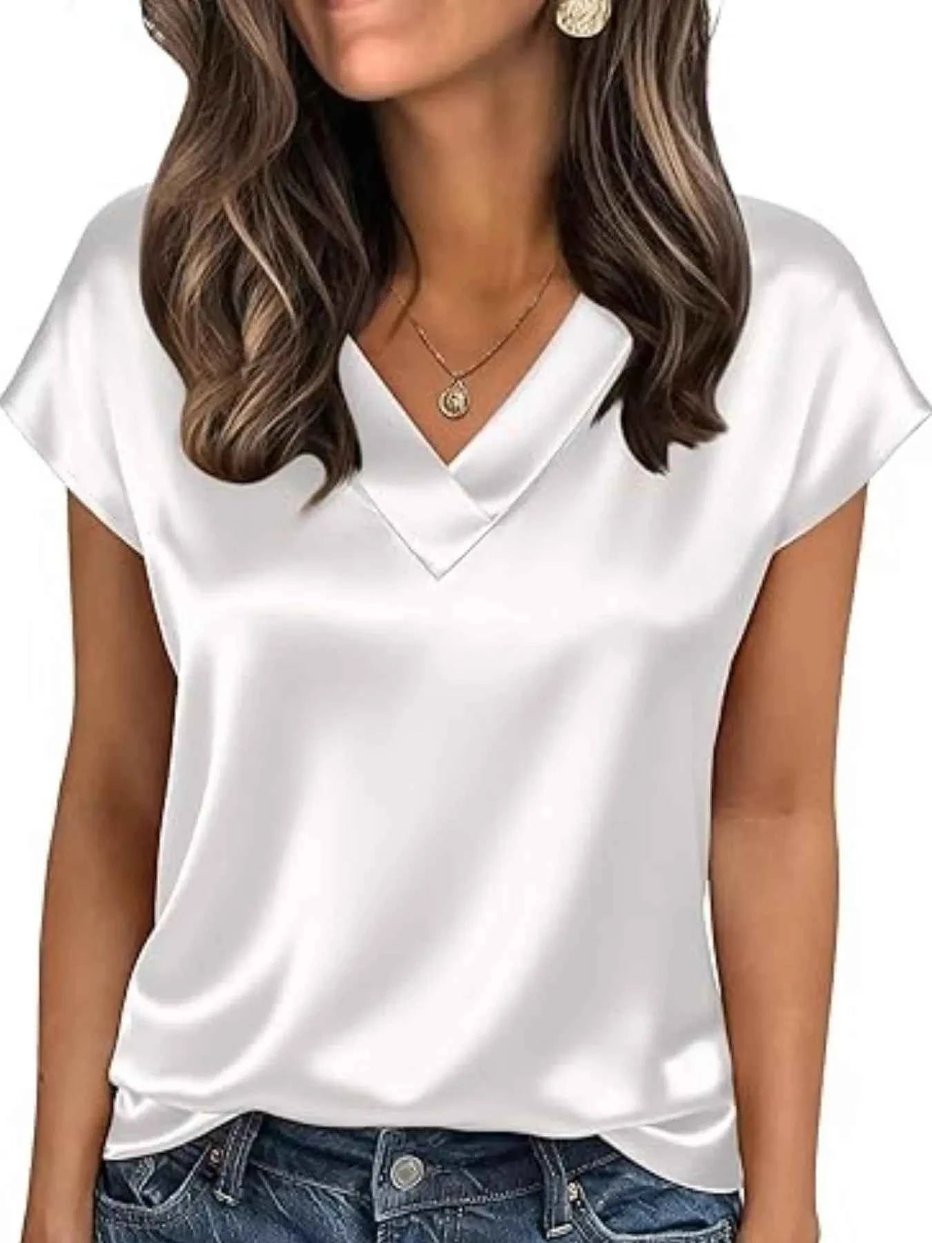 Satin V-Neck Short Sleeve Blouse White 64876ec2-6d71-41e0-acd2-6cae35fc6447-Max-Origin
